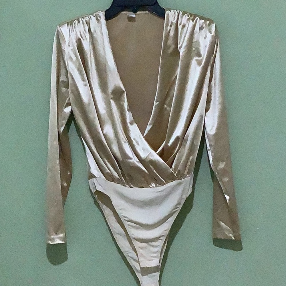 Gold tone jersey faux wrap bodysuit deep plunge private label size S women